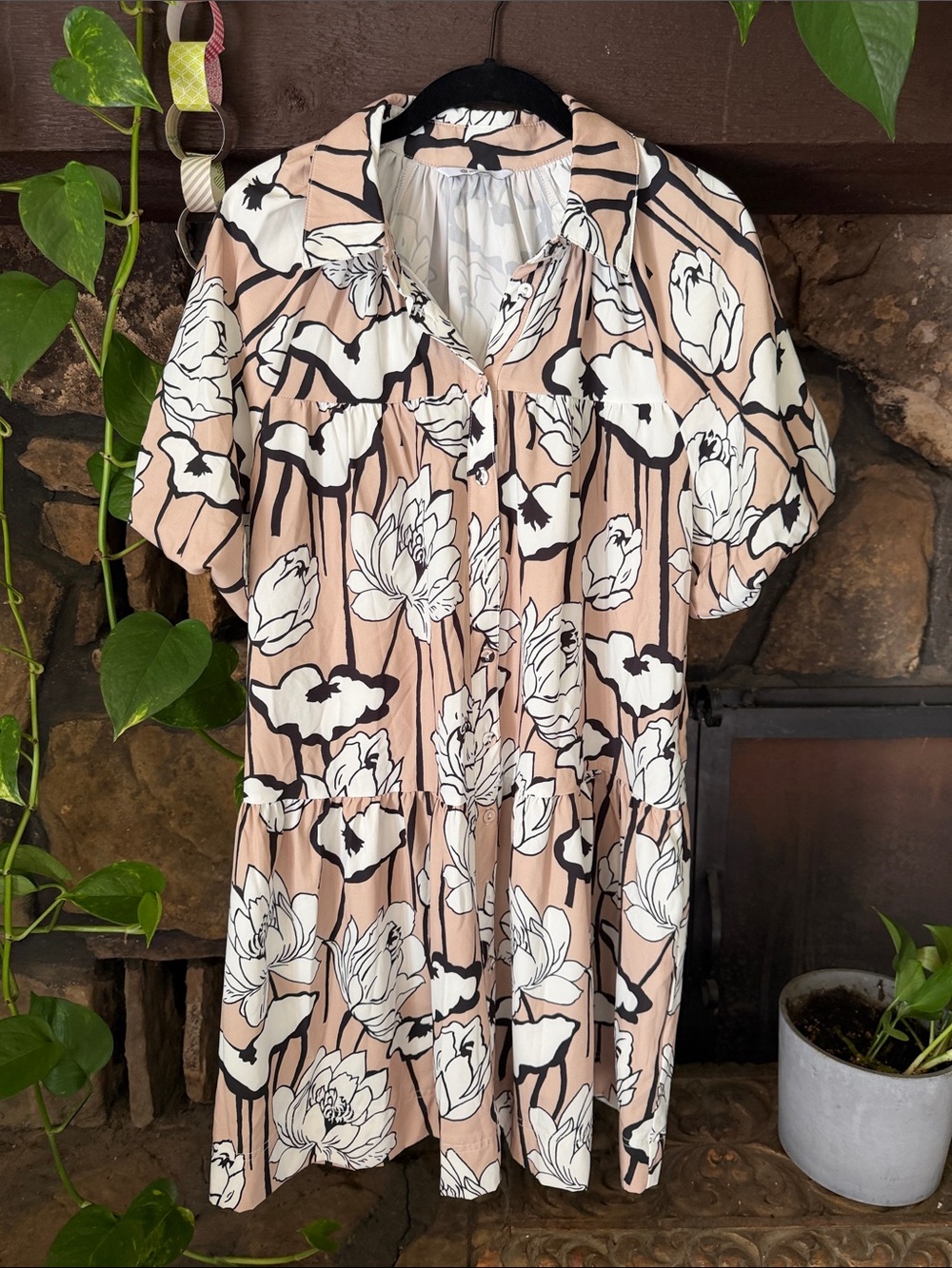 Peach Floral Short-Sleeve Tiered Mini Dress